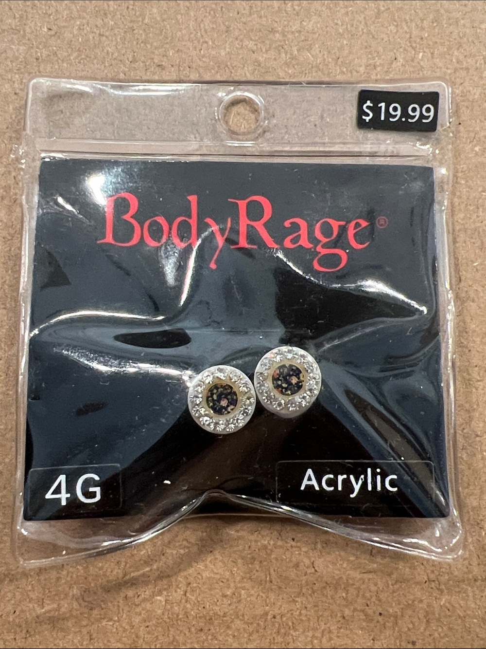 BodyRage Silver and Black Crystal Acrylic 4Gauge Earrings